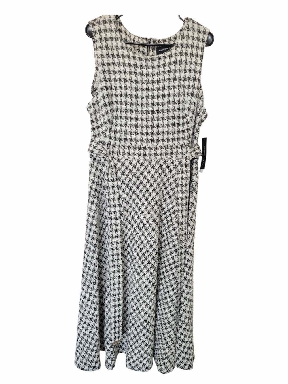 ✅ NWT Andrew Marc Black and White Houndstooth Midi belted Dress size 16